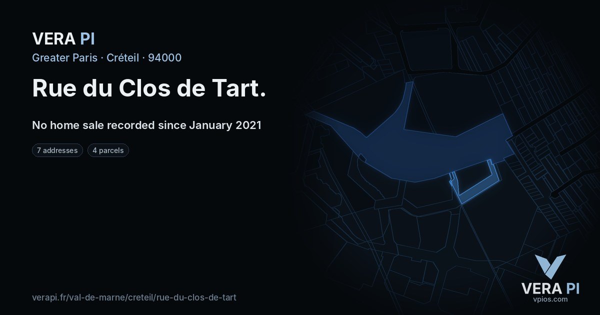 Rue du Clos de Tart, Créteil at night – every parcel coloured by the prices around it, the street's own parcels lit