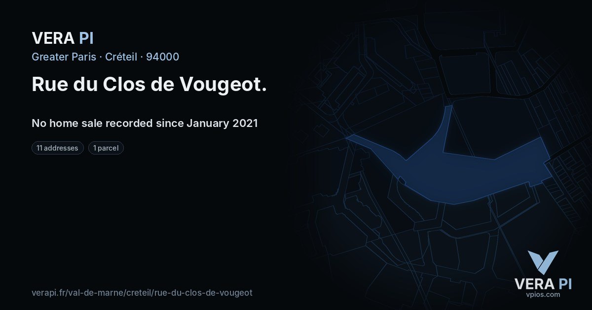 Rue du Clos de Vougeot, Créteil at night – every parcel coloured by the prices around it, the street's own parcels lit