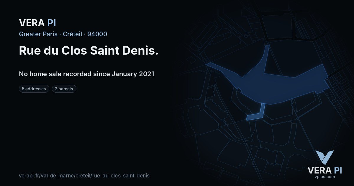 Rue du Clos Saint Denis, Créteil at night – every parcel coloured by the prices around it, the street's own parcels lit