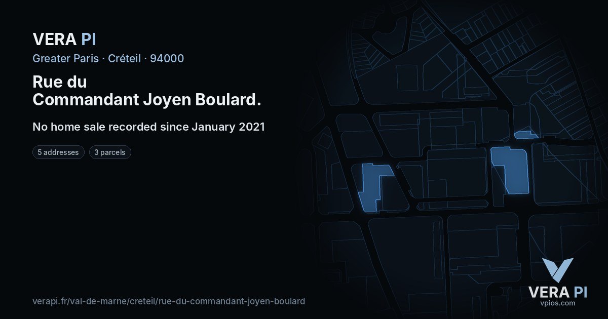 Rue du Commandant Joyen Boulard, Créteil at night – every parcel coloured by the prices around it, the street's own parcels lit