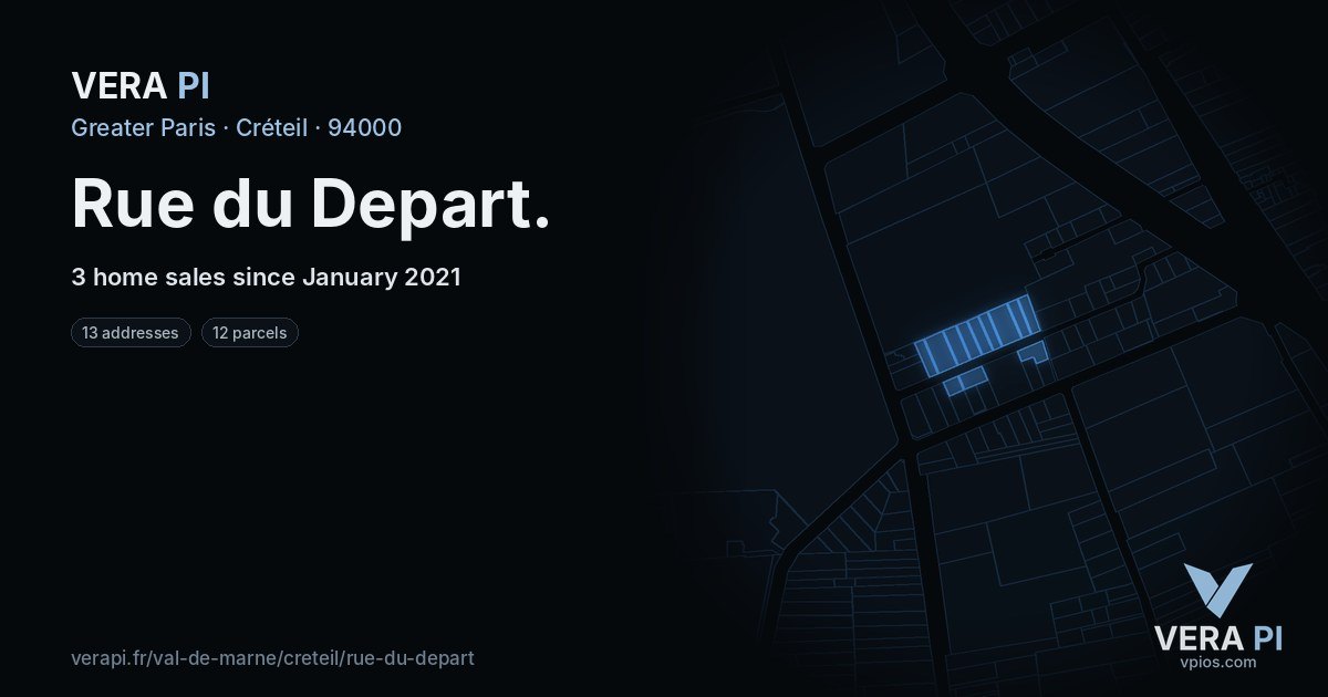 Rue du Depart, Créteil at night – every parcel coloured by the prices around it, the street's own parcels lit
