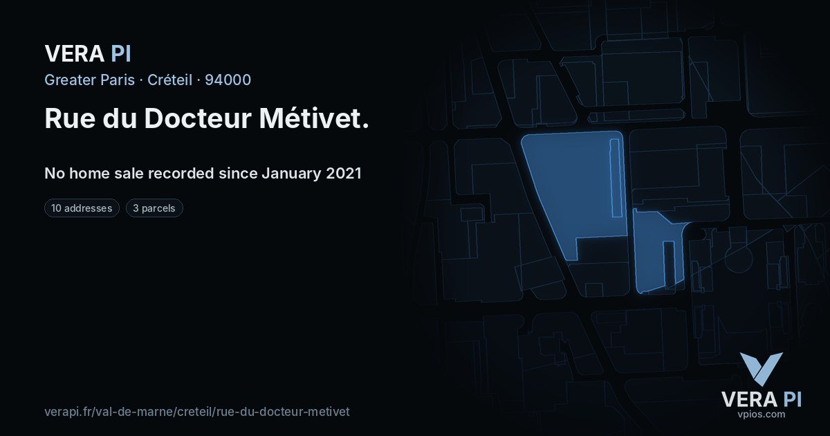 Rue du Docteur Métivet, Créteil at night – every parcel coloured by the prices around it, the street's own parcels lit