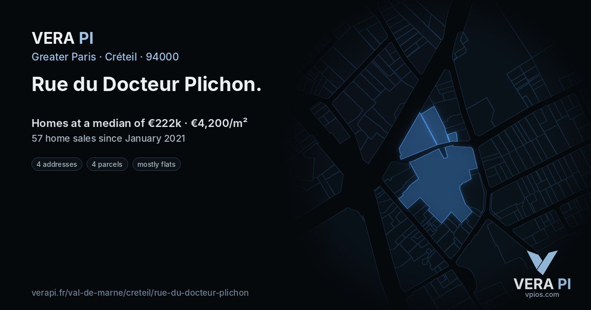Rue du Docteur Plichon, Créteil at night – every parcel coloured by the prices around it, the street's own parcels lit