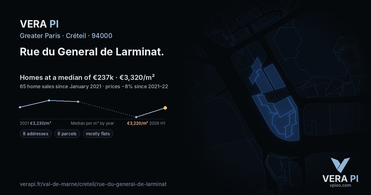 Rue du General de Larminat, Créteil at night – every parcel coloured by the prices around it, the street's own parcels lit