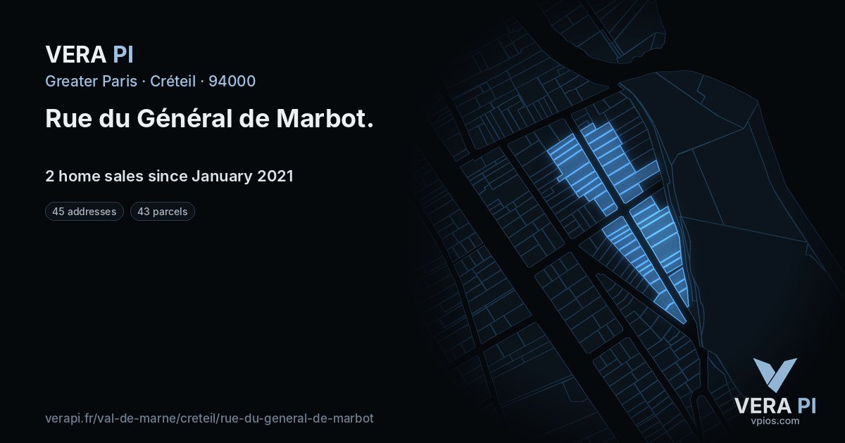 Rue du Général de Marbot, Créteil at night – every parcel coloured by the prices around it, the street's own parcels lit