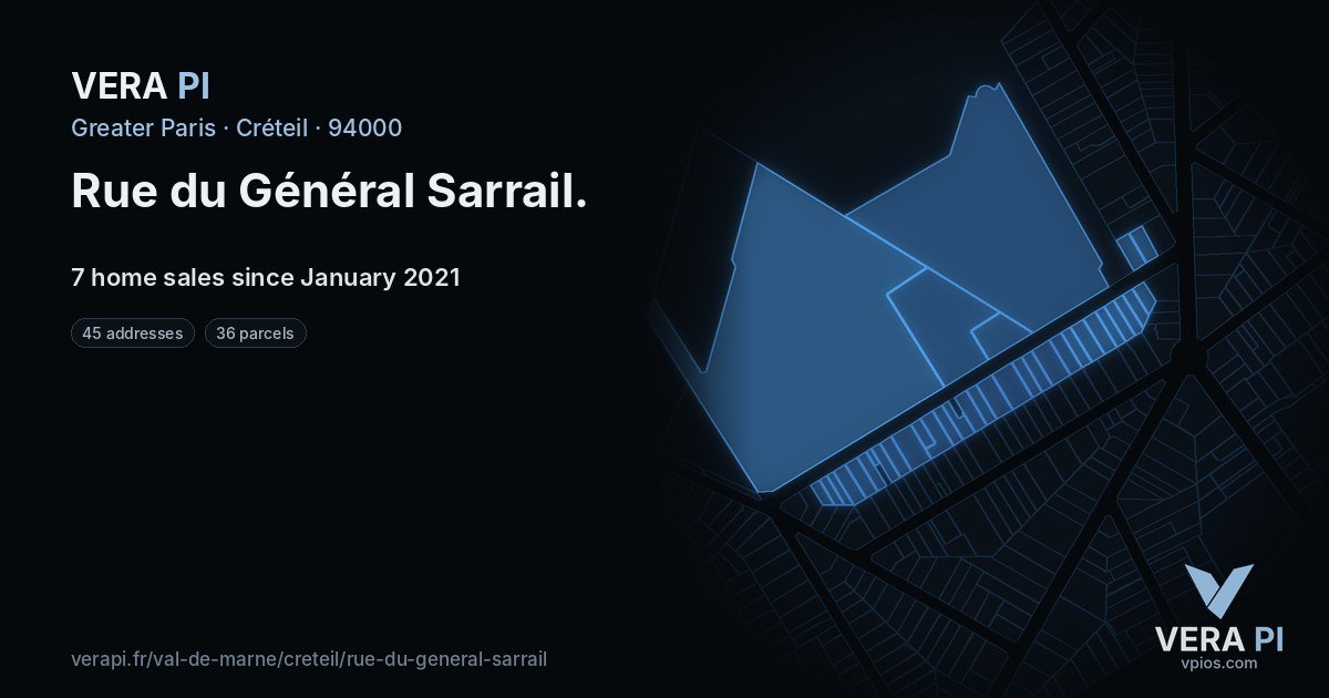 Rue du Général Sarrail, Créteil at night – every parcel coloured by the prices around it, the street's own parcels lit