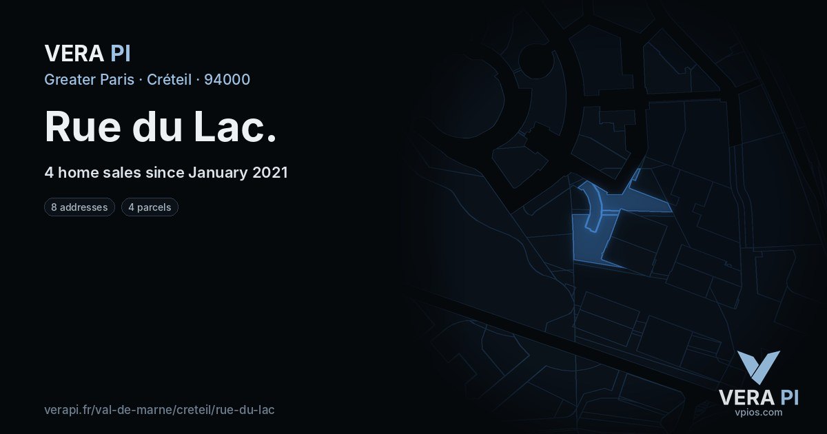Rue du Lac, Créteil at night – every parcel coloured by the prices around it, the street's own parcels lit