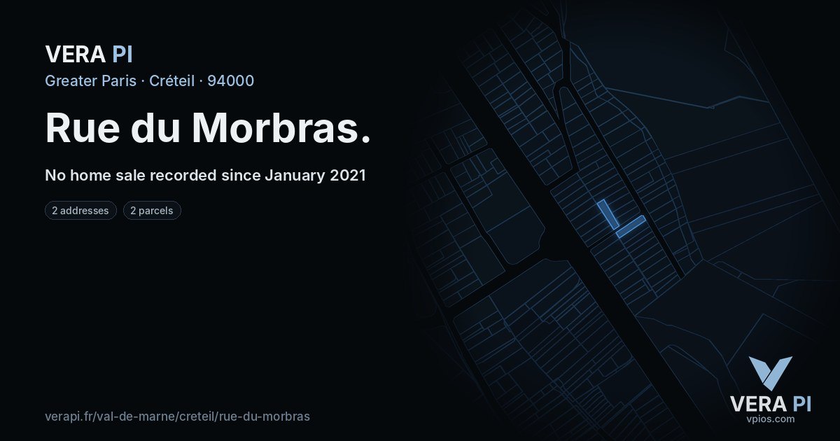 Rue du Morbras, Créteil at night – every parcel coloured by the prices around it, the street's own parcels lit