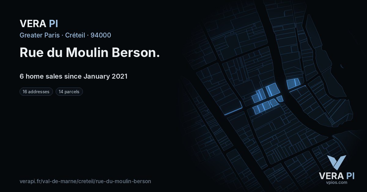 Rue du Moulin Berson, Créteil at night – every parcel coloured by the prices around it, the street's own parcels lit