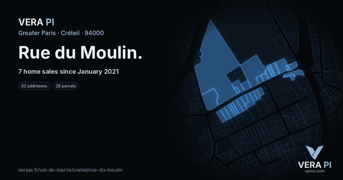 Rue du Moulin, Créteil at night – every parcel coloured by the prices around it, the street's own parcels lit