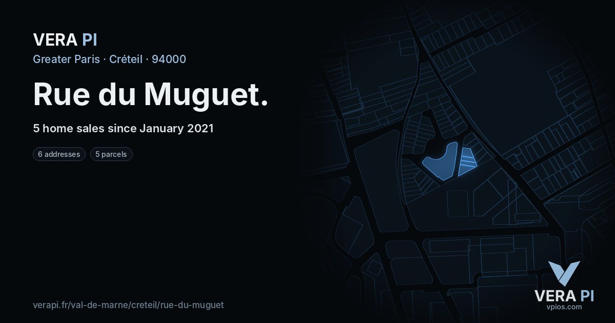 Rue du Muguet, Créteil at night – every parcel coloured by the prices around it, the street's own parcels lit