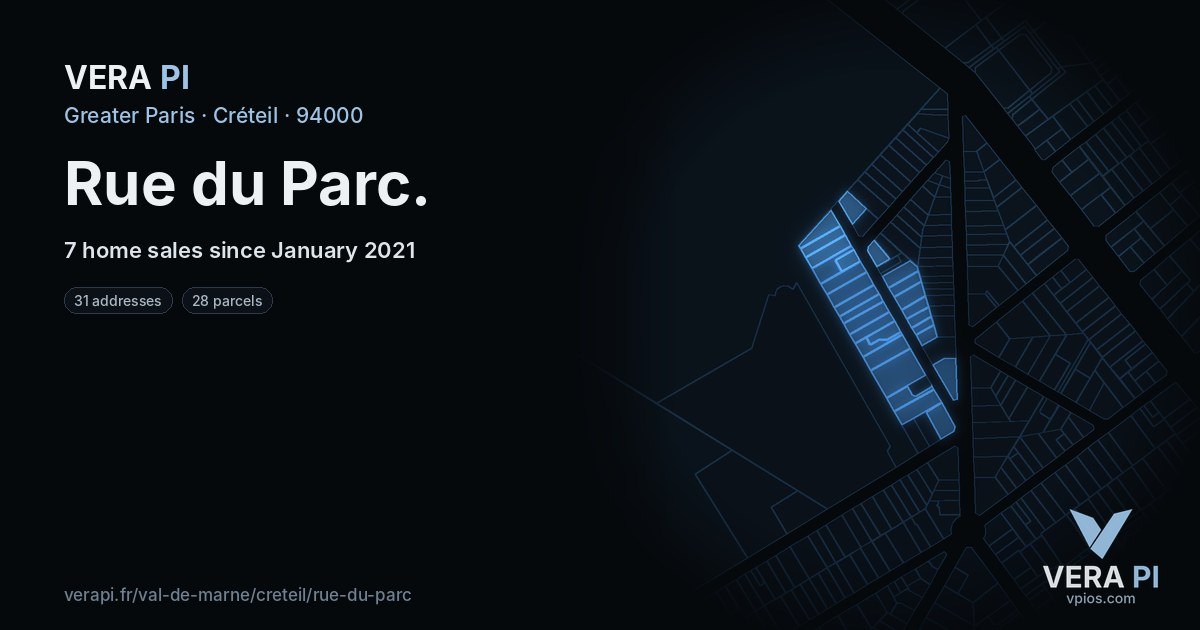 Rue du Parc, Créteil at night – every parcel coloured by the prices around it, the street's own parcels lit