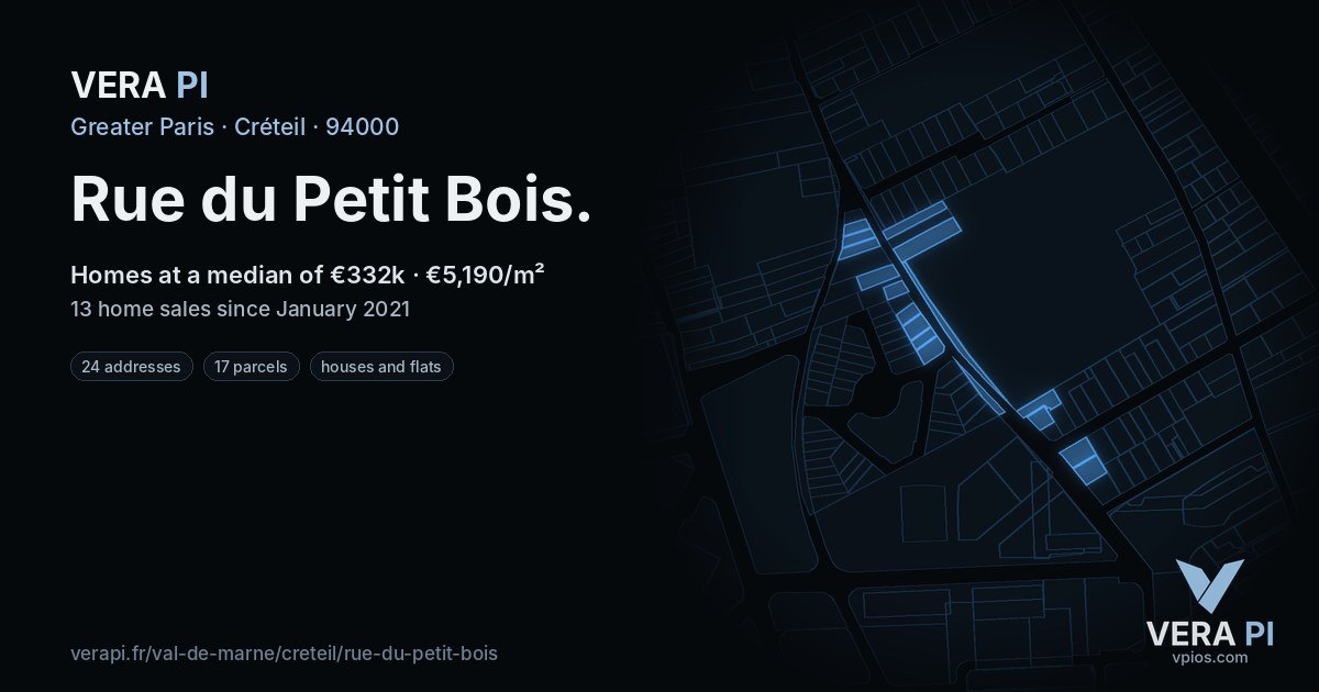 Rue du Petit Bois, Créteil at night – every parcel coloured by the prices around it, the street's own parcels lit