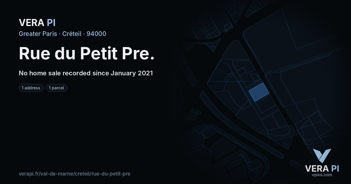 Rue du Petit Pre, Créteil at night – every parcel coloured by the prices around it, the street's own parcels lit