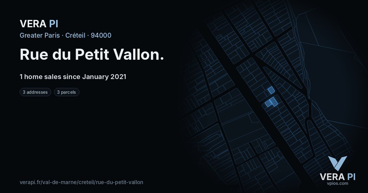 Rue du Petit Vallon, Créteil at night – every parcel coloured by the prices around it, the street's own parcels lit