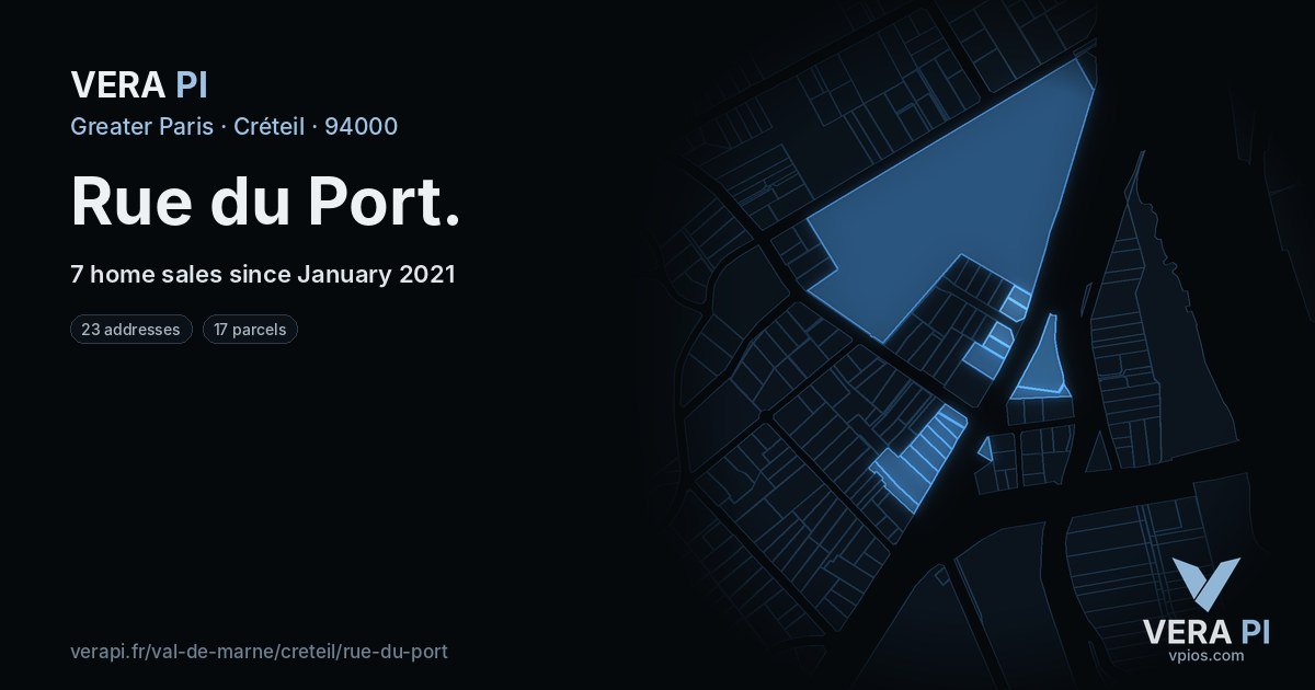 Rue du Port, Créteil at night – every parcel coloured by the prices around it, the street's own parcels lit