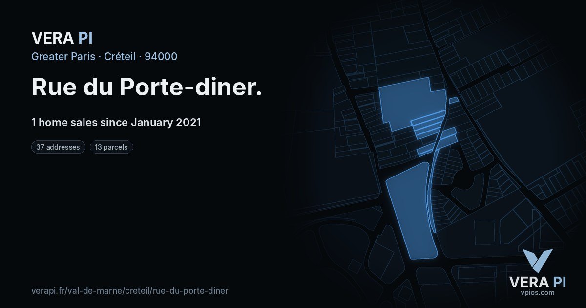 Rue du Porte-diner, Créteil at night – every parcel coloured by the prices around it, the street's own parcels lit