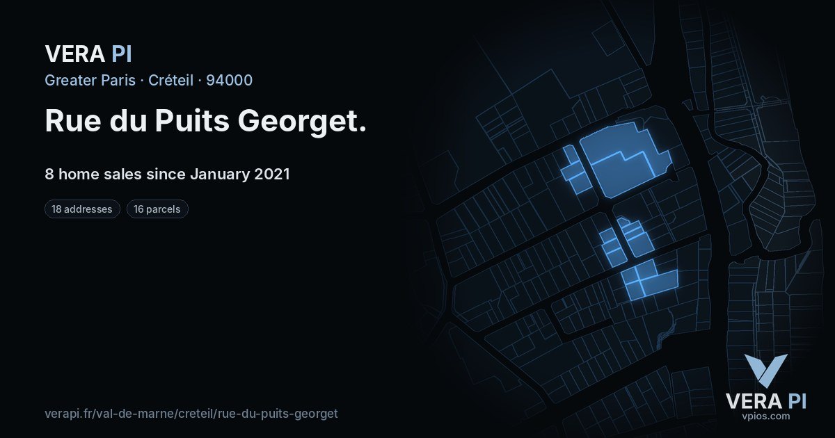 Rue du Puits Georget, Créteil at night – every parcel coloured by the prices around it, the street's own parcels lit