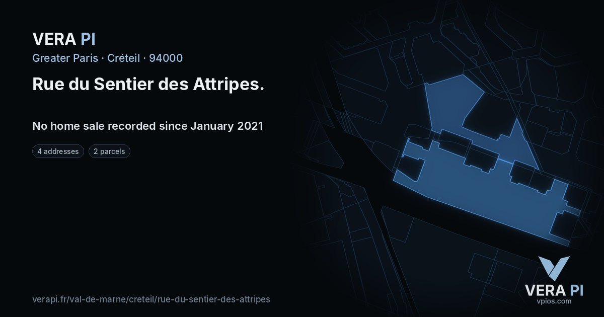 Rue du Sentier des Attripes, Créteil at night – every parcel coloured by the prices around it, the street's own parcels lit
