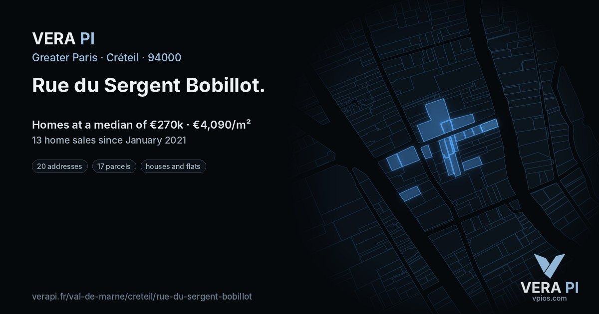 Rue du Sergent Bobillot, Créteil at night – every parcel coloured by the prices around it, the street's own parcels lit