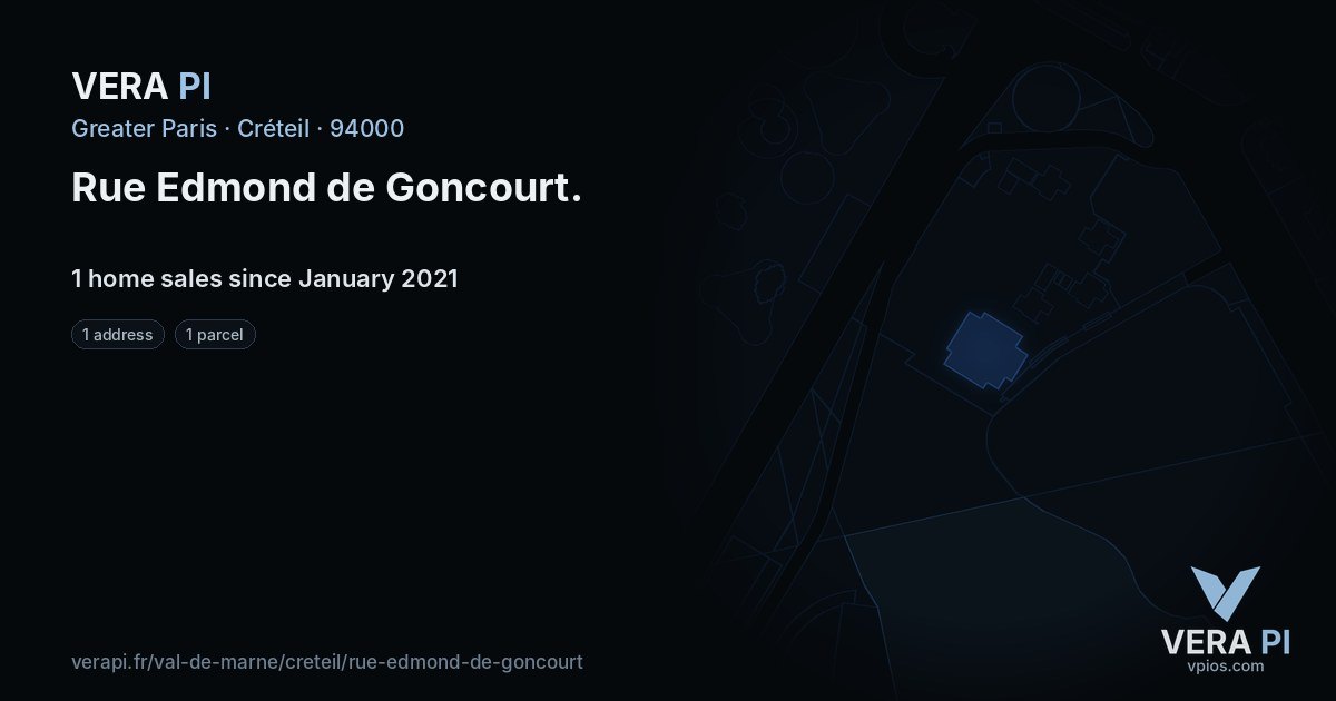 Rue Edmond de Goncourt, Créteil at night – every parcel coloured by the prices around it, the street's own parcels lit