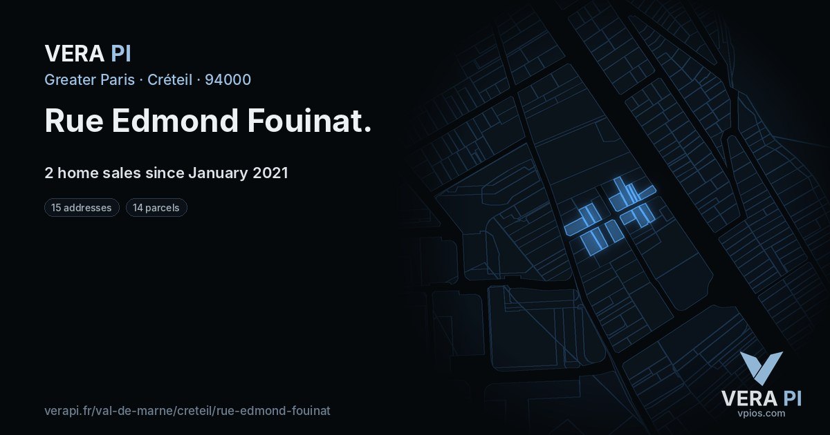 Rue Edmond Fouinat, Créteil at night – every parcel coloured by the prices around it, the street's own parcels lit