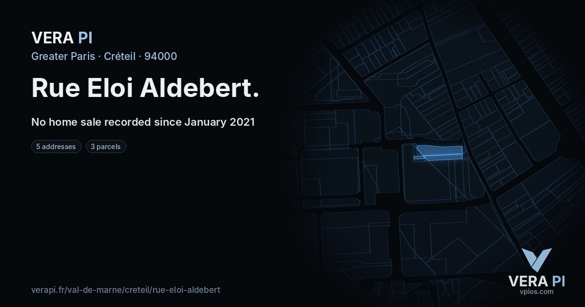 Rue Eloi Aldebert, Créteil at night – every parcel coloured by the prices around it, the street's own parcels lit