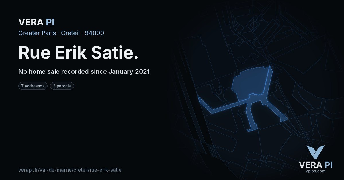 Rue Erik Satie, Créteil at night – every parcel coloured by the prices around it, the street's own parcels lit