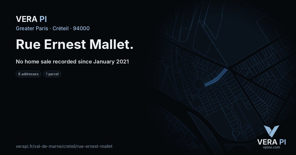 Rue Ernest Mallet, Créteil at night – every parcel coloured by the prices around it, the street's own parcels lit