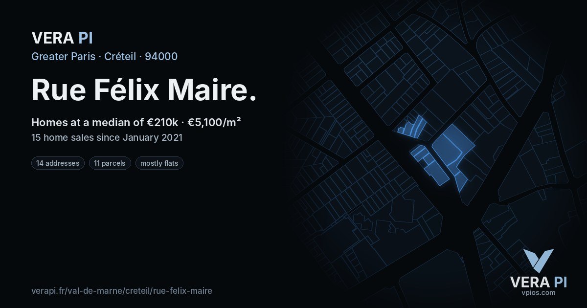 Rue Félix Maire, Créteil at night – every parcel coloured by the prices around it, the street's own parcels lit