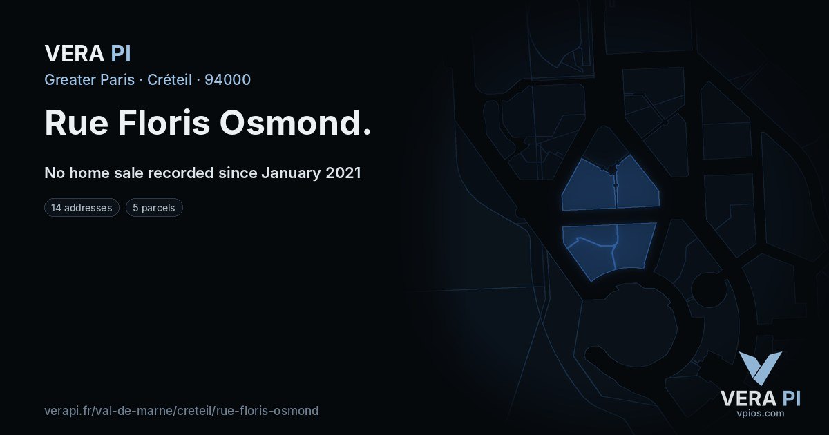 Rue Floris Osmond, Créteil at night – every parcel coloured by the prices around it, the street's own parcels lit