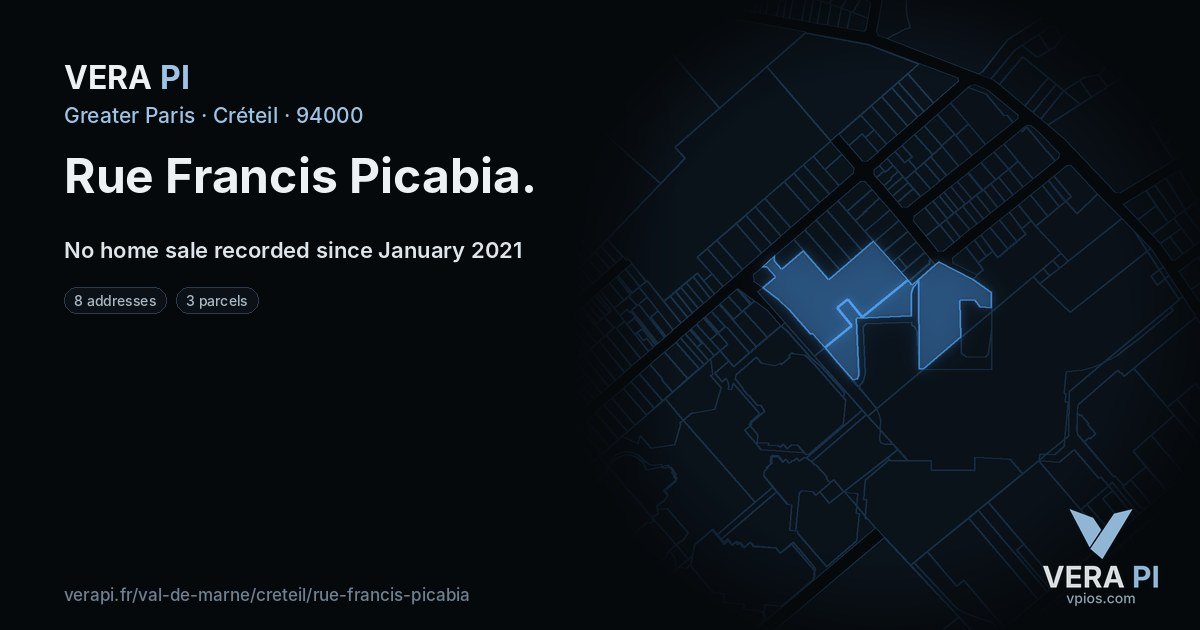 Rue Francis Picabia, Créteil at night – every parcel coloured by the prices around it, the street's own parcels lit