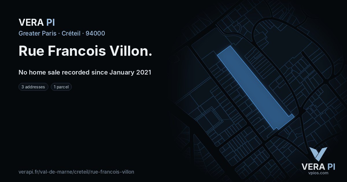 Rue Francois Villon, Créteil at night – every parcel coloured by the prices around it, the street's own parcels lit