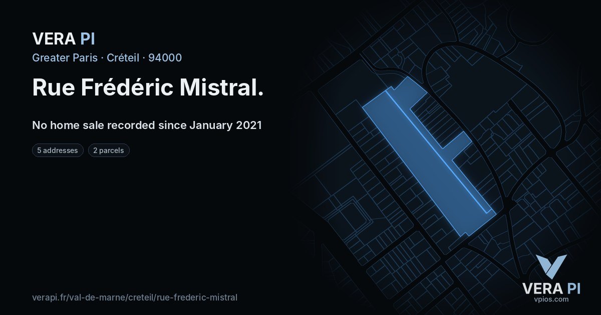 Rue Frédéric Mistral, Créteil at night – every parcel coloured by the prices around it, the street's own parcels lit