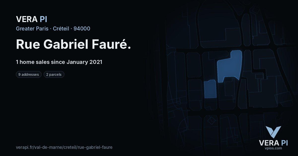 Rue Gabriel Fauré, Créteil at night – every parcel coloured by the prices around it, the street's own parcels lit