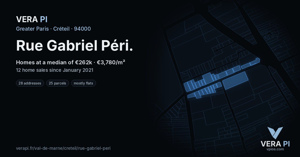 Rue Gabriel Péri, Créteil at night – every parcel coloured by the prices around it, the street's own parcels lit