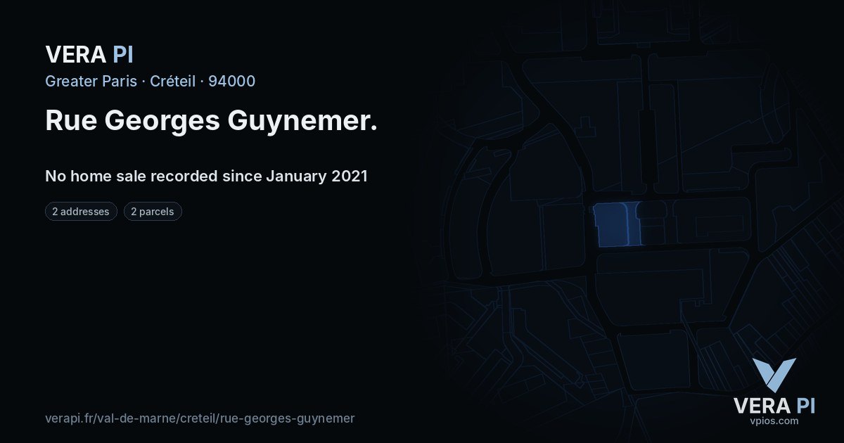 Rue Georges Guynemer, Créteil at night – every parcel coloured by the prices around it, the street's own parcels lit