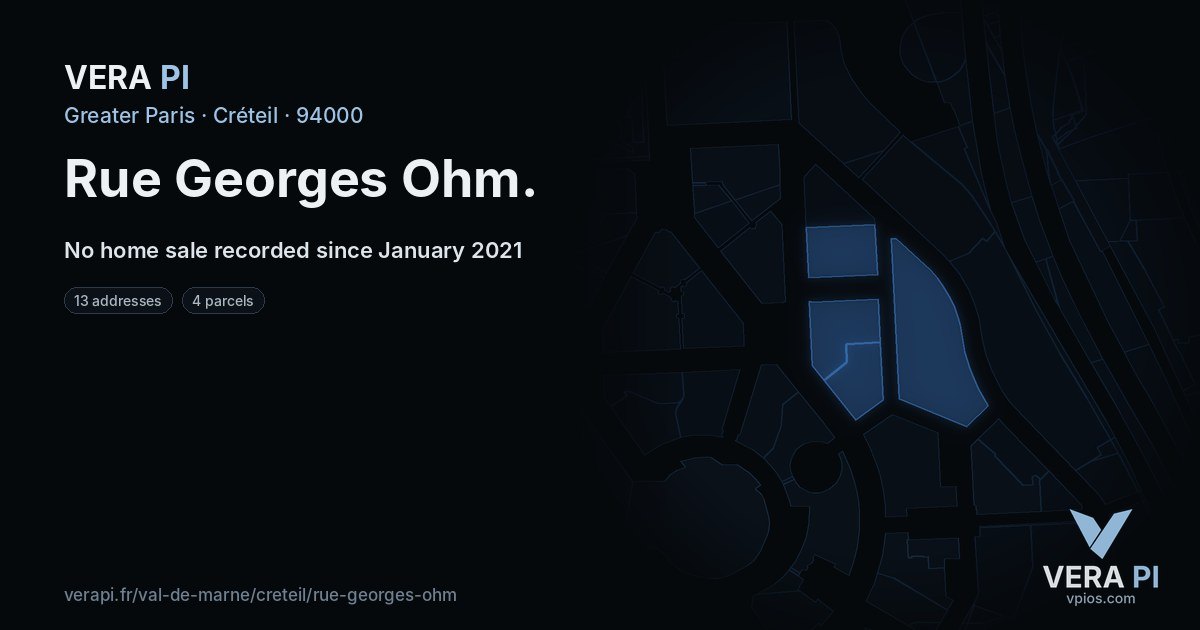Rue Georges Ohm, Créteil at night – every parcel coloured by the prices around it, the street's own parcels lit