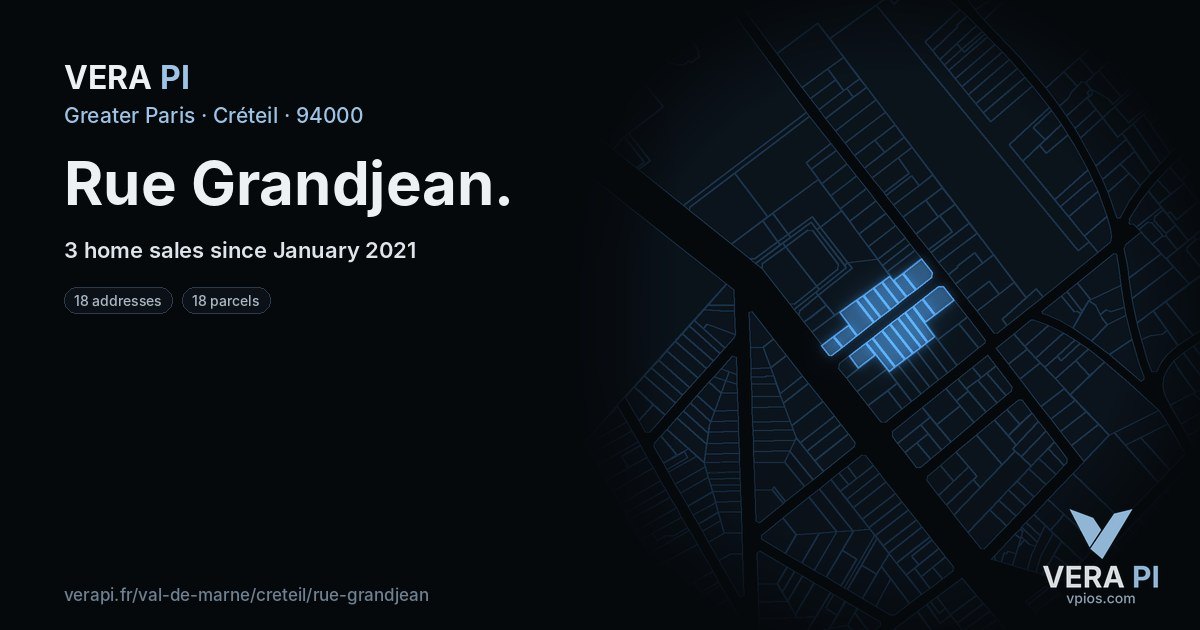 Rue Grandjean, Créteil at night – every parcel coloured by the prices around it, the street's own parcels lit
