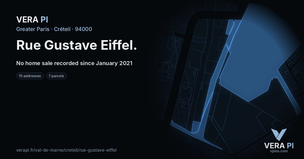 Rue Gustave Eiffel, Créteil at night – every parcel coloured by the prices around it, the street's own parcels lit