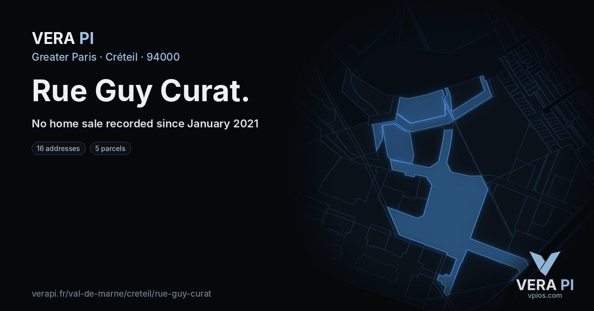 Rue Guy Curat, Créteil at night – every parcel coloured by the prices around it, the street's own parcels lit