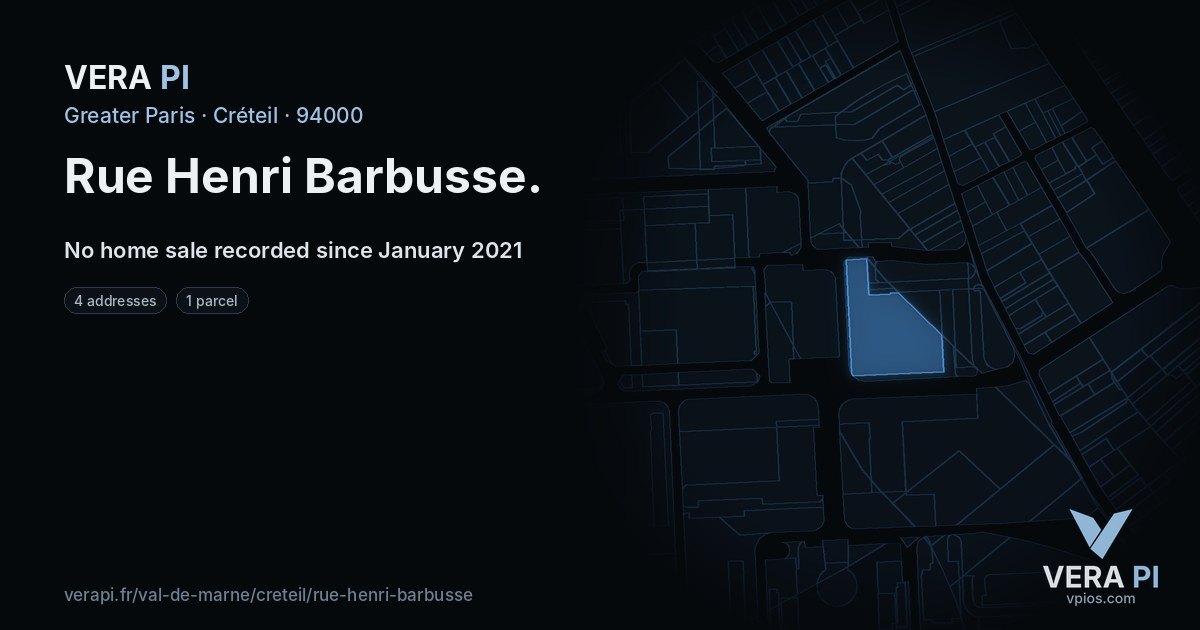 Rue Henri Barbusse, Créteil at night – every parcel coloured by the prices around it, the street's own parcels lit