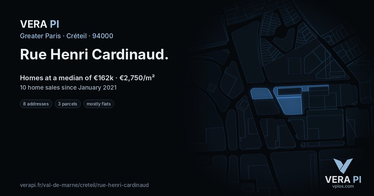 Rue Henri Cardinaud, Créteil at night – every parcel coloured by the prices around it, the street's own parcels lit