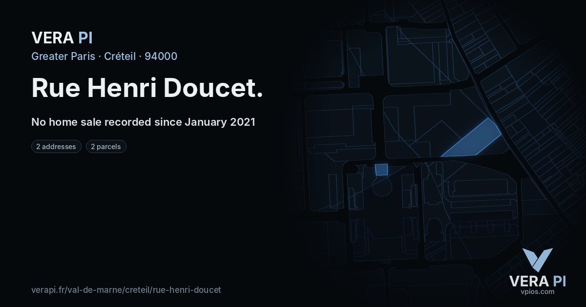 Rue Henri Doucet, Créteil at night – every parcel coloured by the prices around it, the street's own parcels lit