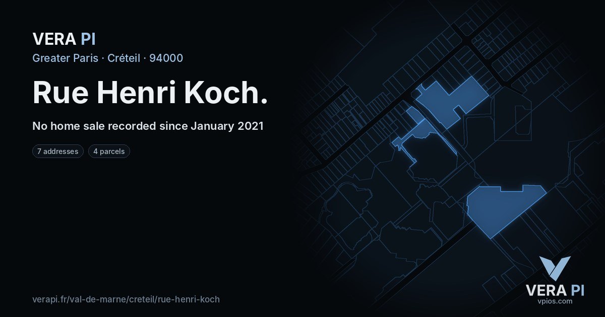 Rue Henri Koch, Créteil at night – every parcel coloured by the prices around it, the street's own parcels lit