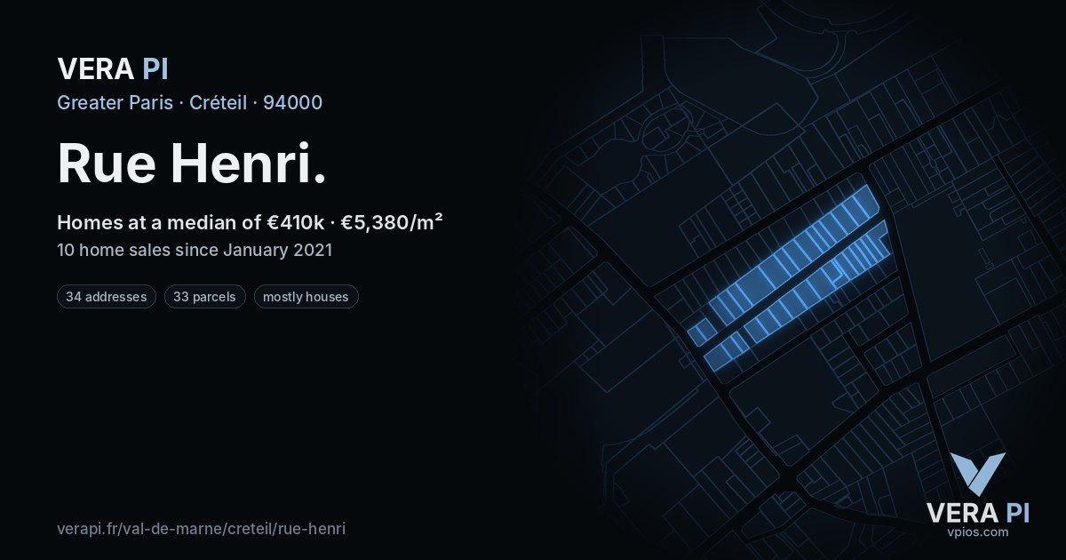 Rue Henri, Créteil at night – every parcel coloured by the prices around it, the street's own parcels lit