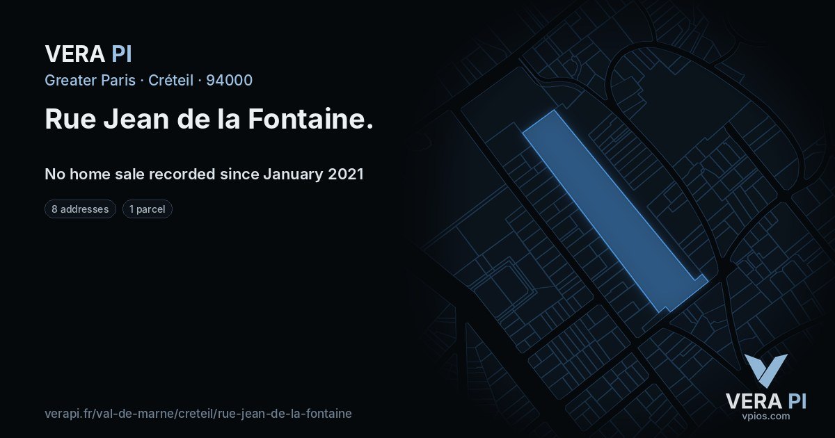 Rue Jean de la Fontaine, Créteil at night – every parcel coloured by the prices around it, the street's own parcels lit
