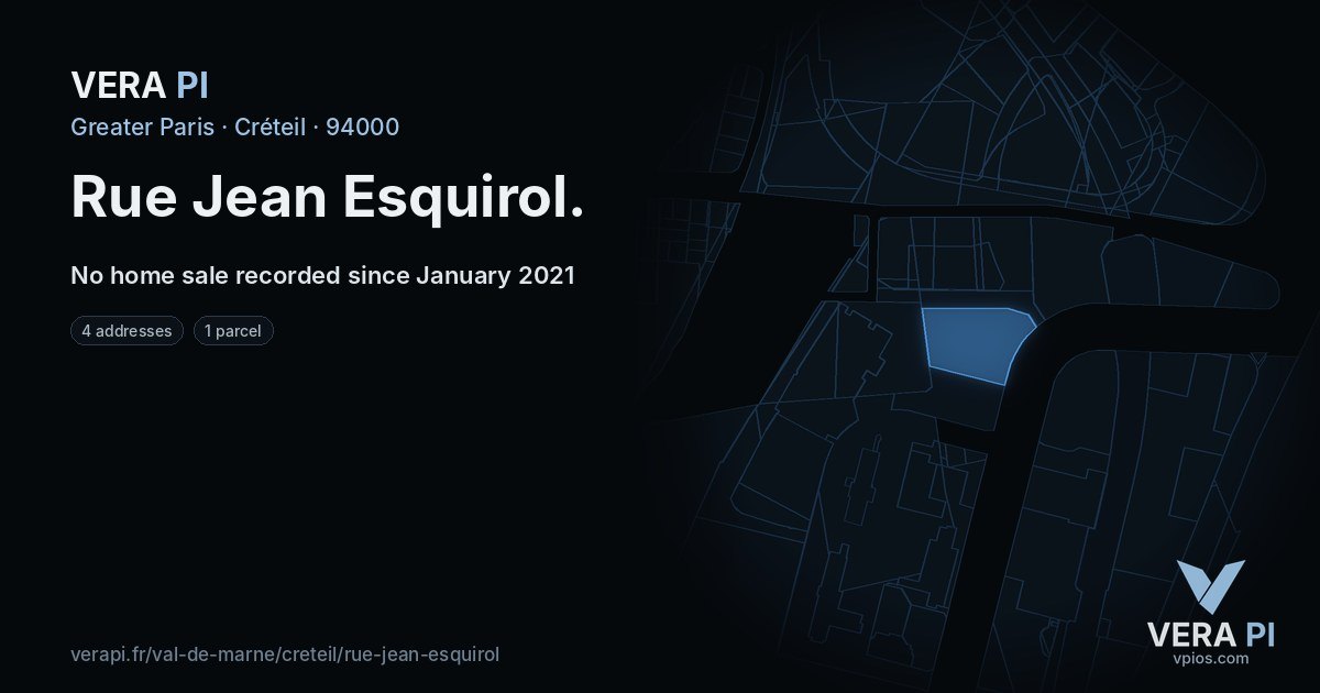 Rue Jean Esquirol, Créteil at night – every parcel coloured by the prices around it, the street's own parcels lit