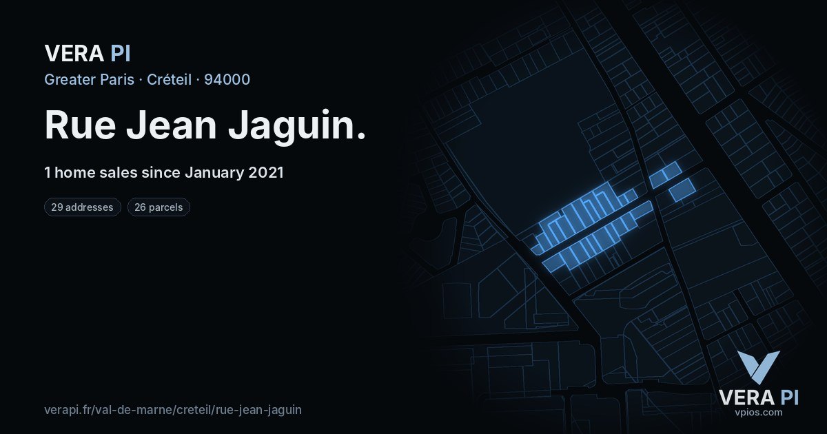 Rue Jean Jaguin, Créteil at night – every parcel coloured by the prices around it, the street's own parcels lit