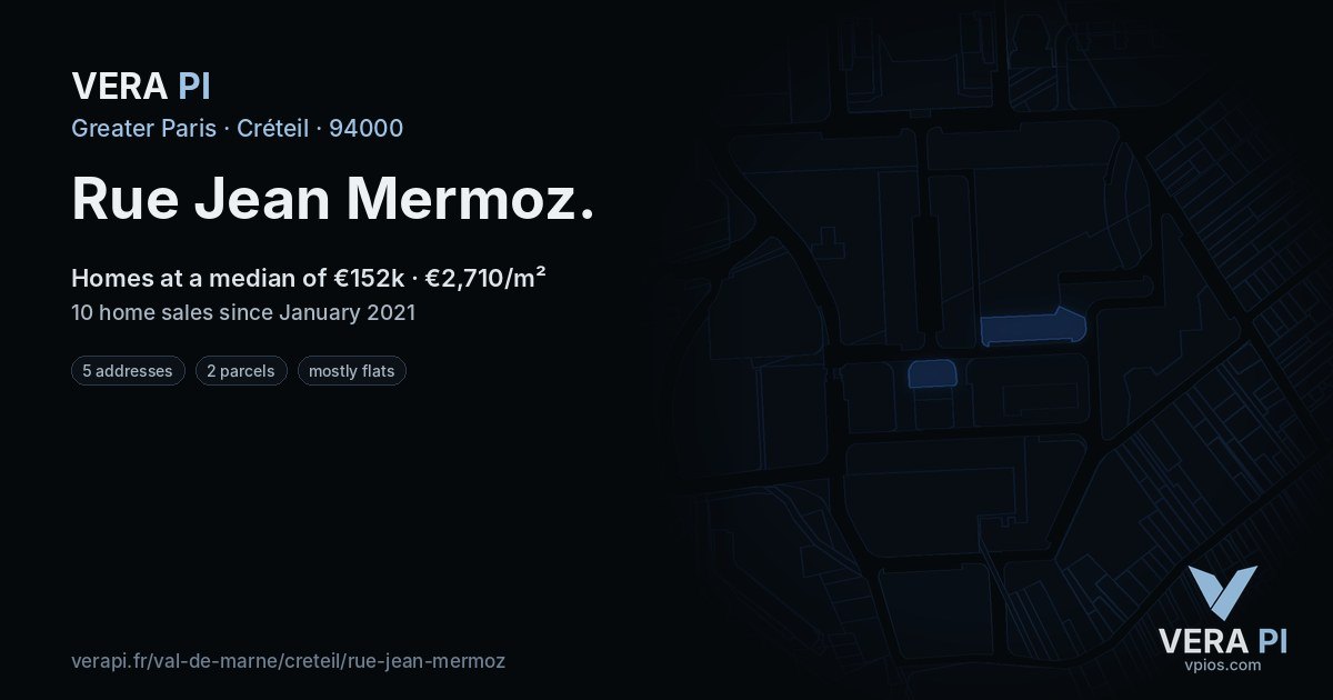 Rue Jean Mermoz, Créteil at night – every parcel coloured by the prices around it, the street's own parcels lit
